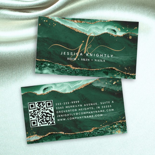 Green Agate Geode Monogram Gold Script Visitenkarte (Von Creator hochgeladen)