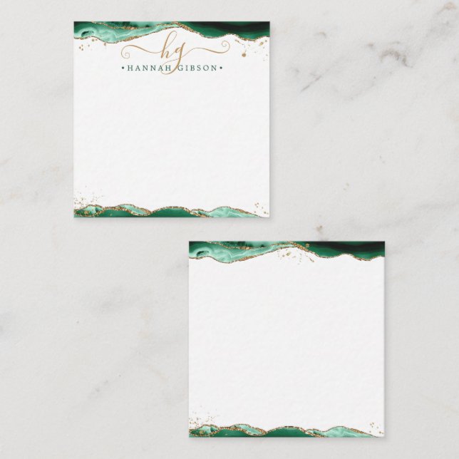 Green Agate Geode Script Monogram Gold Glitzer Mitteilungskarte (Vorne/Hinten)