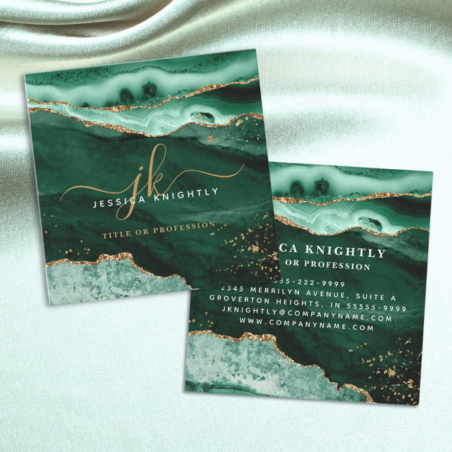 Green Agate Gold Glitzer Script Monogram Quadratische Visitenkarte (Von Creator hochgeladen)