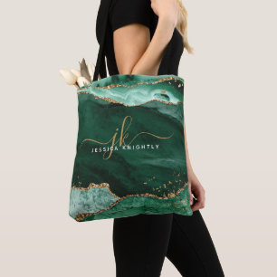 Green Agate Script Monogram Gold Glitzer Tasche