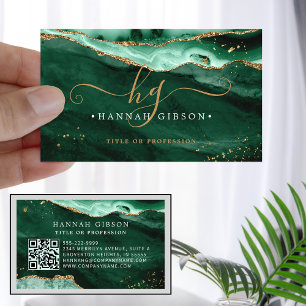 Green Agate Script Monogram QR Code Glitzer Visitenkarte