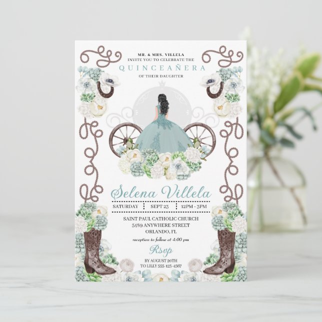 Green Ainderella Carriage Western Quinceañera Einladung (Stehend Vorderseite)