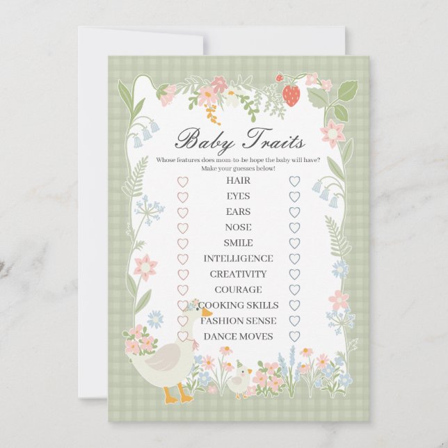 Green Albern Gänse Floral Gingham Baby Tracks Game Einladung (Vorderseite)