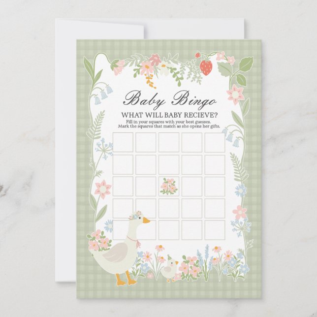 Green Albern Goose Floral Gingham Baby Bingo Game Einladung (Vorderseite)