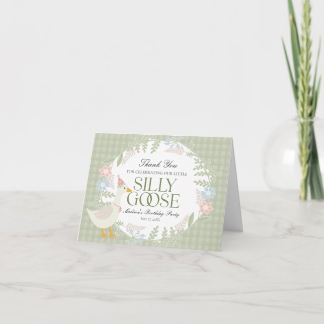 Green Albern Goose Floral Gingham Birthday Dankeskarte (Vorderseite)