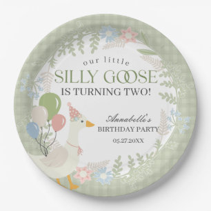 Green Albern Goose Floral Gingham Birthday Pappteller