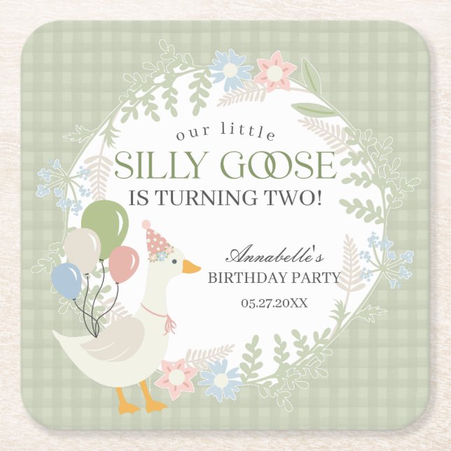 Green Albern Goose Floral Gingham Birthday Rechteckiger Pappuntersetzer (Vorderseite)