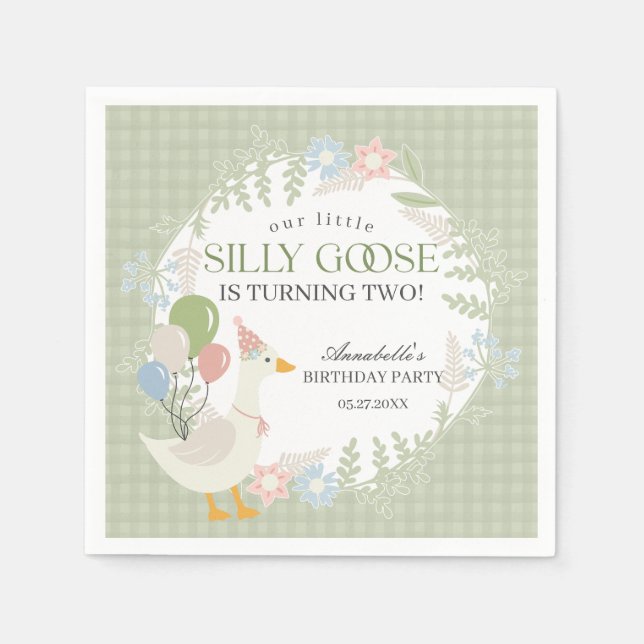 Green Albern Goose Floral Gingham Birthday Serviette (Vorderseite)