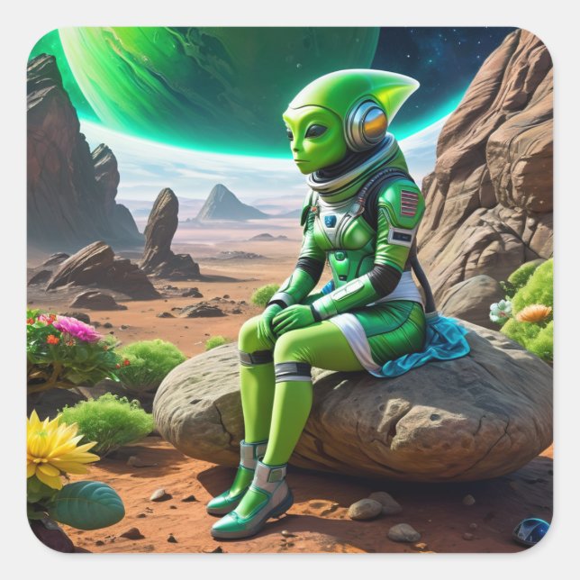 Green Alien Thinker Pose Quadratischer Aufkleber (Vorderseite)