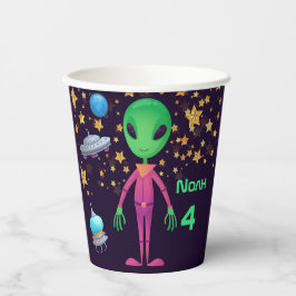 Green Alien UFO Name Age Birthday Party hinzufügen Pappbecher