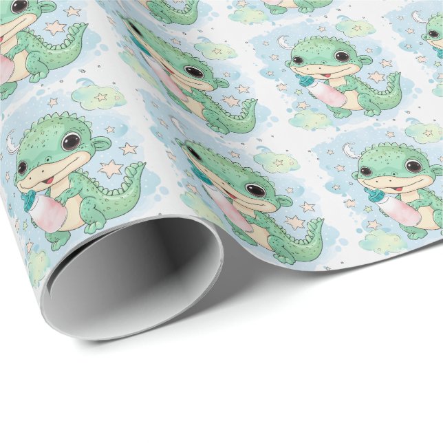 Green Alligator Baby Pastell Wasserfarben Muster Geschenkpapier (Rolleneckpunkt)