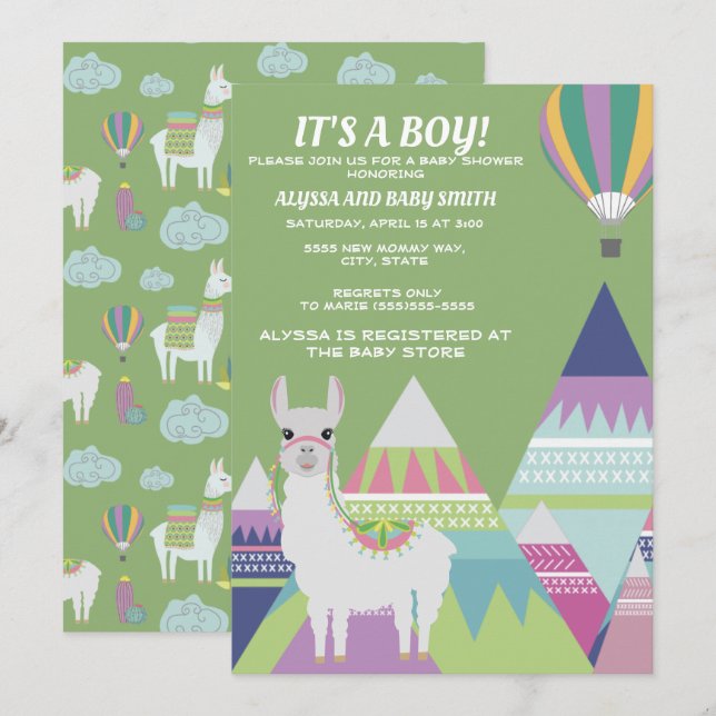 Green Alpaca Balloon Boy Baby Dusche Einladung (Vorne/Hinten)