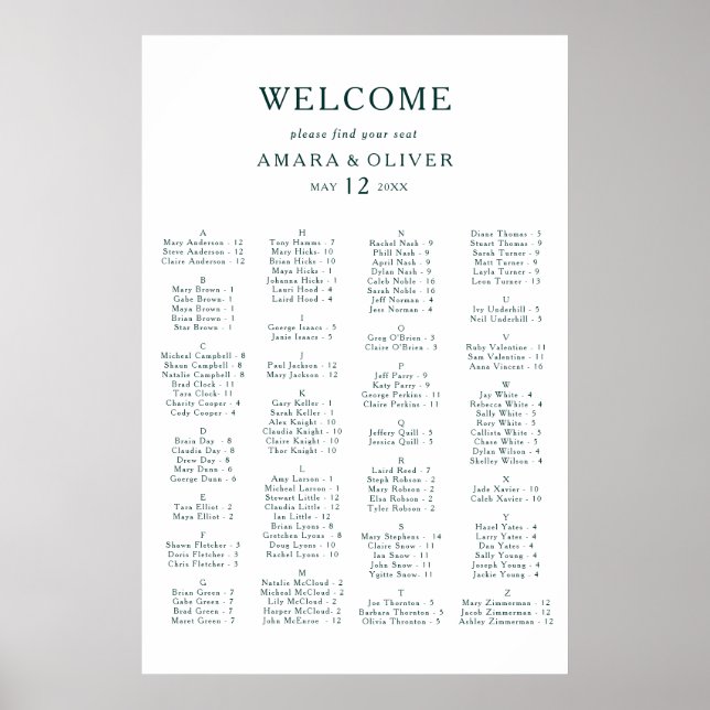 Green Alphabetic Seating Chart Poster (Vorne)