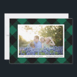 Green and Black Buffalo Check Plaid Photo Feiertagskarte<br><div class="desc">Black buffalo check plaid is a classic winter holiday motif and it gets a modern update with a pine green background color. Swap the horizontal photo to your own, and personalize the text on both sides of this flat Christmas card. Edit the colors and fonts to make this card completely...</div>