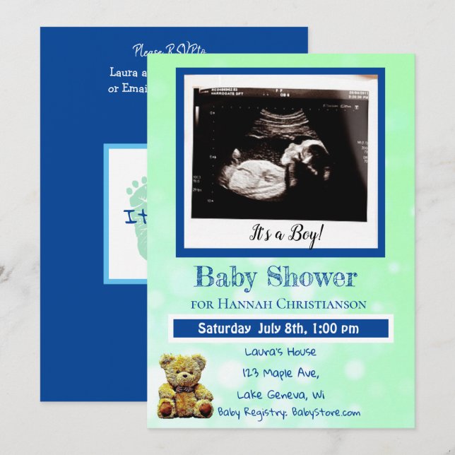 Green and Blue Baby Boy Ultrasound Baby Shower Einladung (Vorne/Hinten)