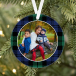 Green and Blue Tartan Plaid Custom Family Photo Ornament<br><div class="desc">This classic holiday ornament features a favorite photo of your family framed by a timeless navy blue and hunter green black watch Scottish tartan plaid patterned background. Tip: crop your photo to a square format before uploading it to the site. The back of the ornament includes a "Merry Christmas" greeting...</div>