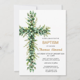 Green and Eucalypt Boys Gold Baptism Invitation