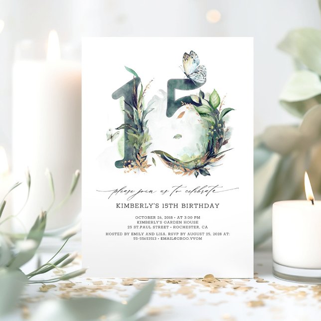Green and Gold 15e anniversaire Invitation (Greenery 15th Birthday Invitations )