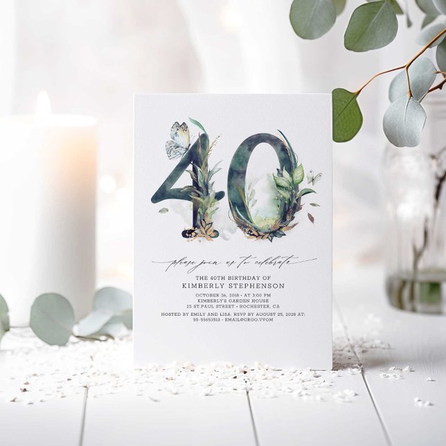Green and Gold 40e anniversaire Invitation (Greenery 40th Birthday Invitations)