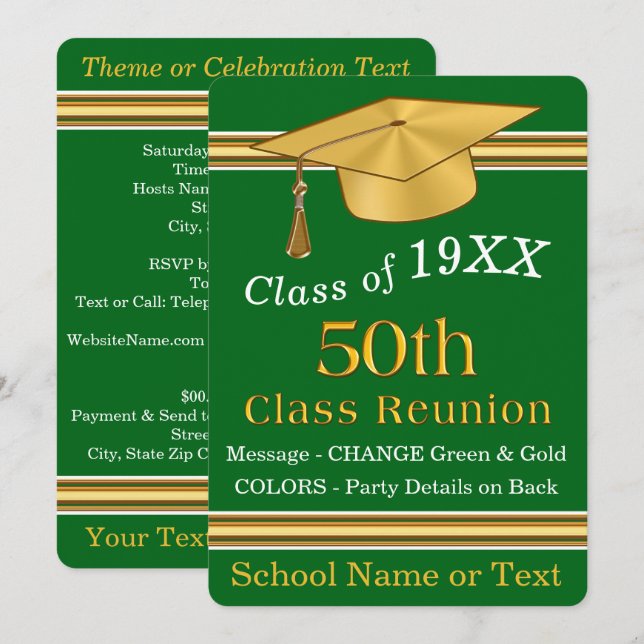 Green and Gold 50 Year Class Reunion Invitations (Devant / Derrière)