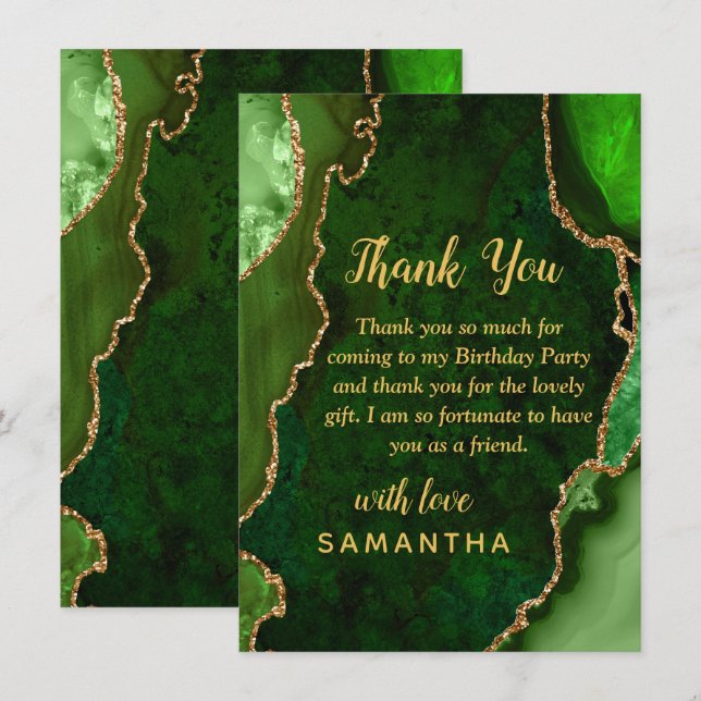 Green and Gold Agate Birthday Party Dankeskarte (Vorne/Hinten)