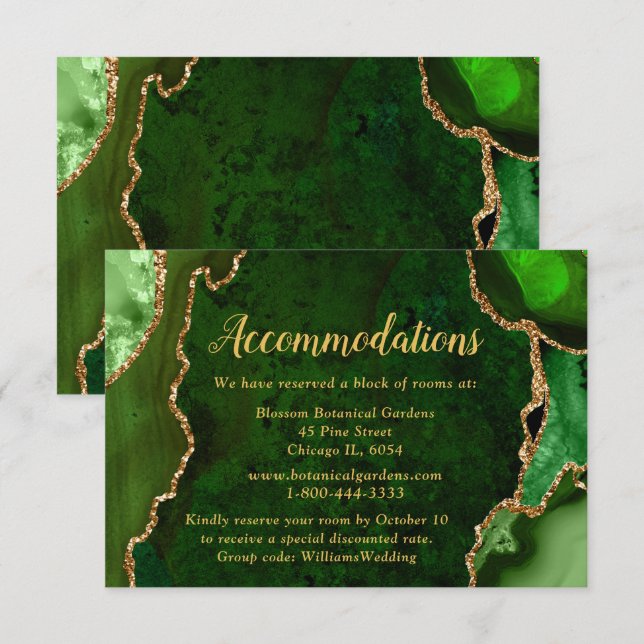 Green and Gold Agate Wedding Accommodations Begleitkarte (Vorne/Hinten)