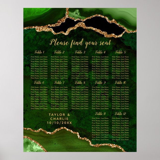 Green and Gold Agate Wedding Seating Chart Poster (Vorne)