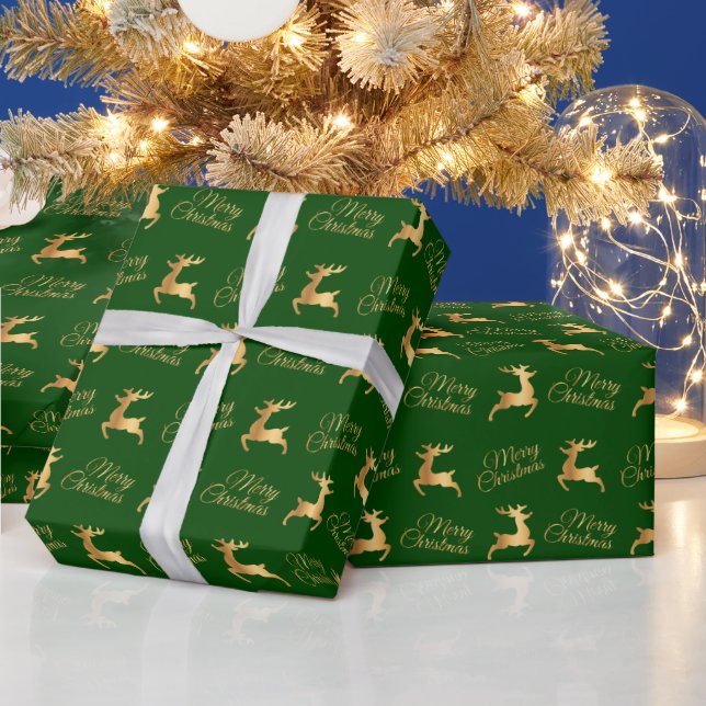 Green and Gold Christmas Reindeers Geschenkpapier (Feiertage)