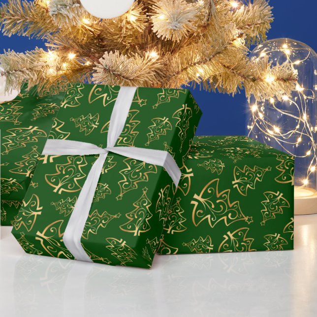 Green and Gold Elegant Christmas Trees Geschenkpapier (Feiertage)