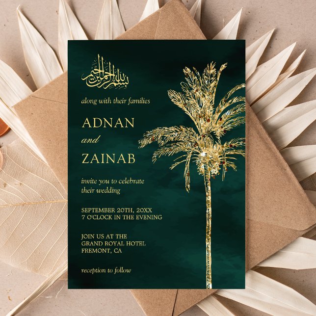 Green and Gold Glitzer Date Palm Muslim Wedding Einladung (Von Creator hochgeladen)