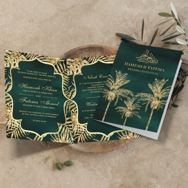 Green and Gold Glitzer Date Palm Muslim Wedding Einladung (Von Creator hochgeladen)