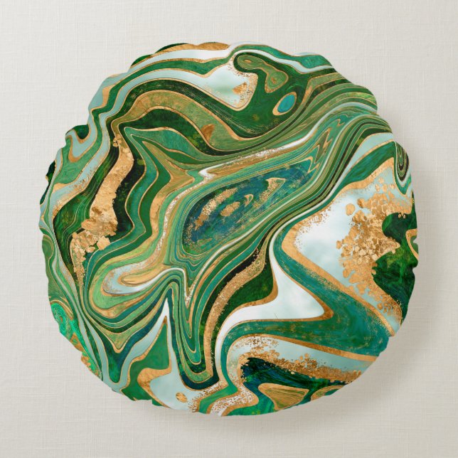 Green and gold liquid marble abstract rundes kissen (Vorderseite)