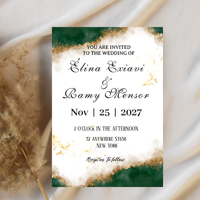 Green and gold marble original wedding invitation  (Créateur téléchargé)