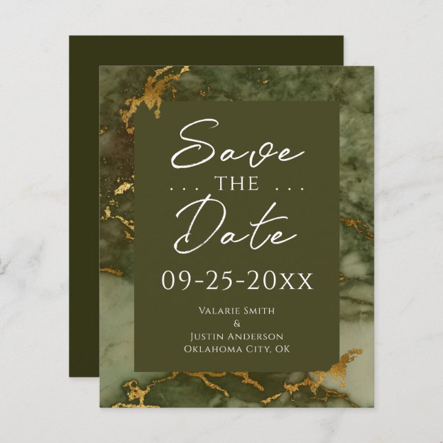 Green and Gold Marmor Budget Save the Date (Vorne/Hinten)