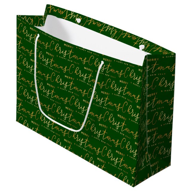 Green and Gold Merry Christmas Word Art Große Geschenktüte (Vorderseite Schrägansicht)