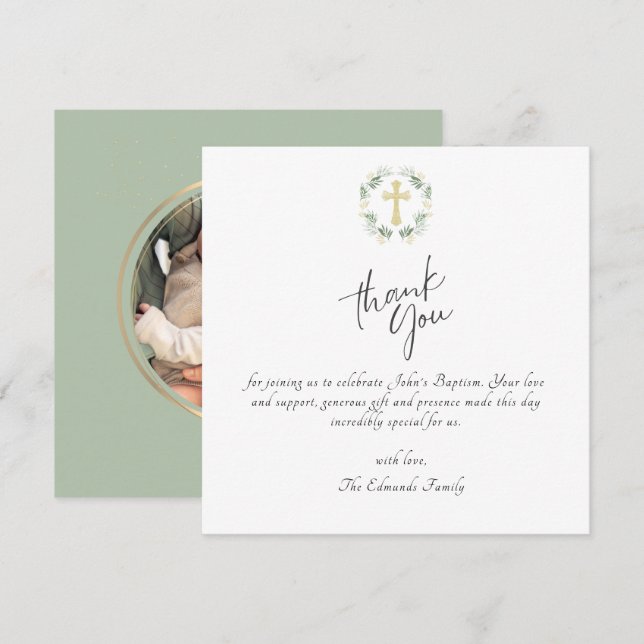 Green and Gold Minimalist Baptism Dankeskarte (Vorne/Hinten)