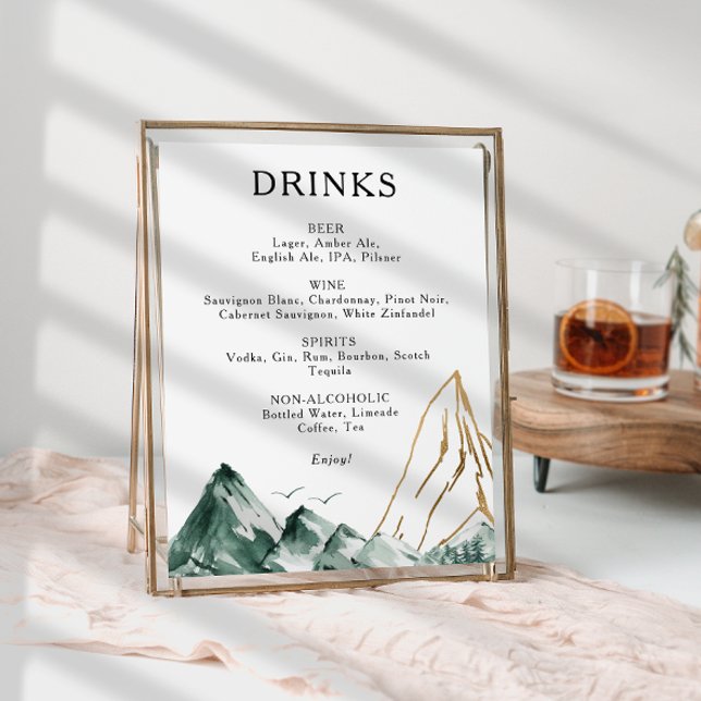 Green and Gold Mountain Wedding Drinks Menu Sign Poster (Von Creator hochgeladen)