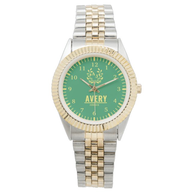 Green and Gold Personalized Custom Monogram Luxury Armbanduhr (Vorderseite)
