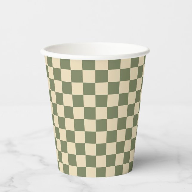 Green and Light Beige Checkerboard Pappbecher (Vorderseite)