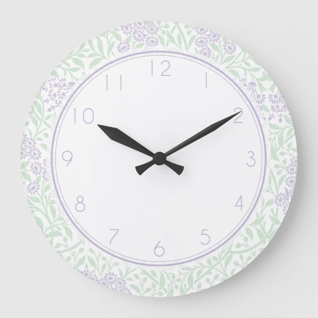 Green and Lilac Floral Damask Pattern Große Wanduhr (Vorderseite)
