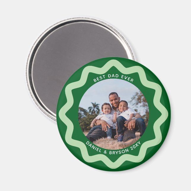 Green and Mint Wavy Circle Photo Frame with Text Magnet (Vorderseite/Rückseite)