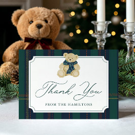 Green and Navy Plaid Teddy Bear Baby Shower Dankeskarte