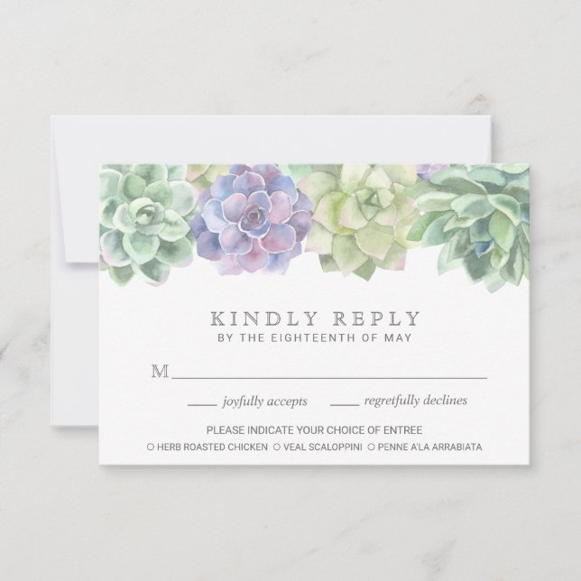 Green and Purple Meal Choice Succulent Wedding RSVP Karte (Vorderseite)