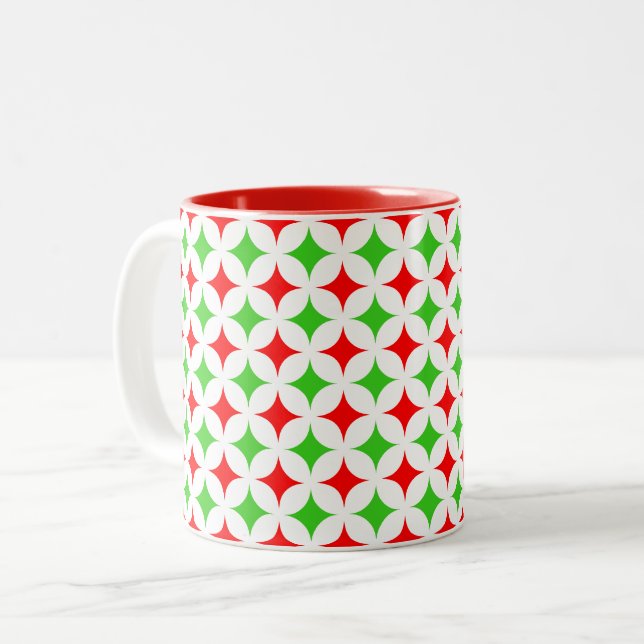 Green and Red Diamond Star Pattern on White Zweifarbige Tasse (Vorderseite Links)