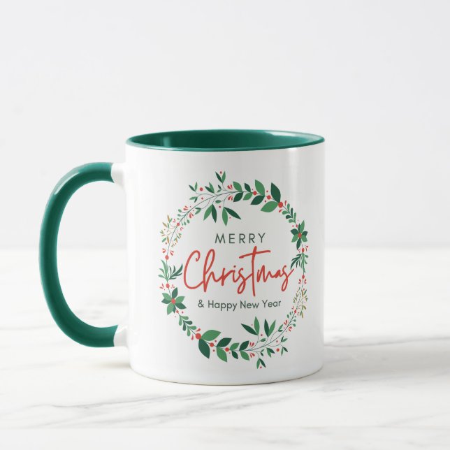 Green and Red Floral Illustration Christmas Mug (Gauche)
