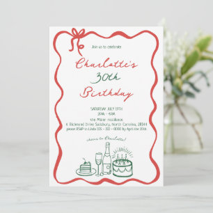 GREEN AND RED Hand Drawn 30th Birthday Invitation
