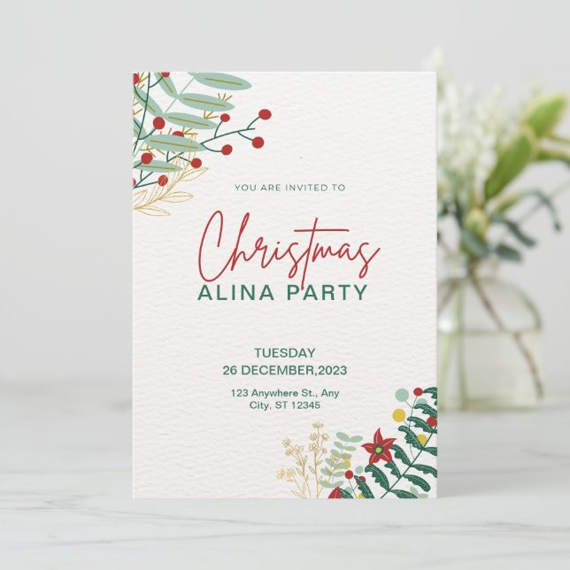 Green and Red Simple Christmas Alina Party Einladung (Stehend Vorderseite)