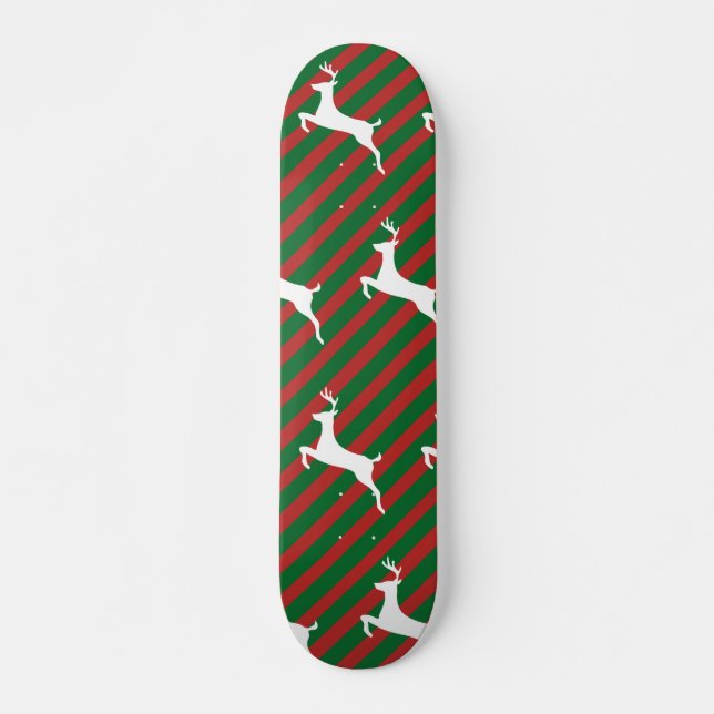 Green and Red Stripe White Deer Pattern Christmas Skateboard (Vorne)