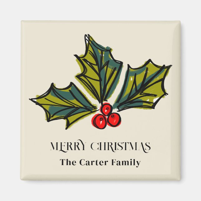 Green and Red Watercolor Holly Berry Magnet (Vorne)