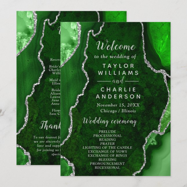 Green and Silver Agate Wedding Program Programm (Vorne/Hinten)